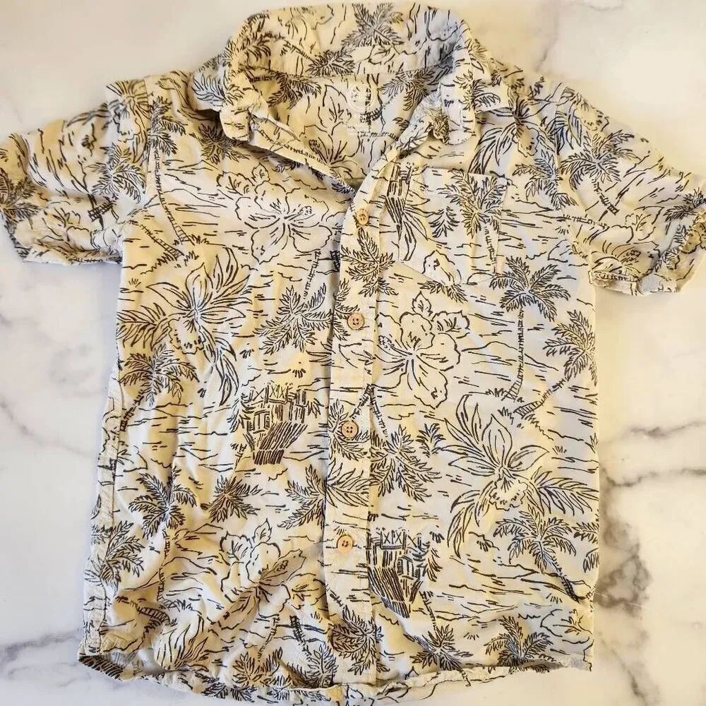 Wonder nation boys 6-7 cream taupe floral hibiscus Hawaiian button up shirt
